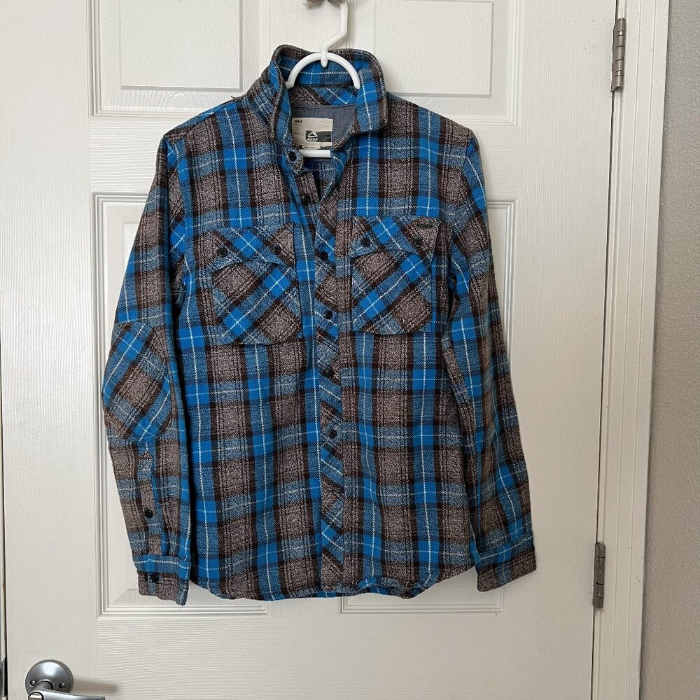 Reef Hedford Plaid Shirt Men’s Small Blue Gray Button Front Long Sleeve